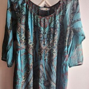 Women's Bohemian Print Top - Teal and Brown